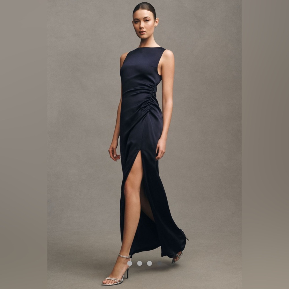 Anthropologie BHLDN Emma High Neck Satin Maxi Gown XS Navy Blue *FLAW*